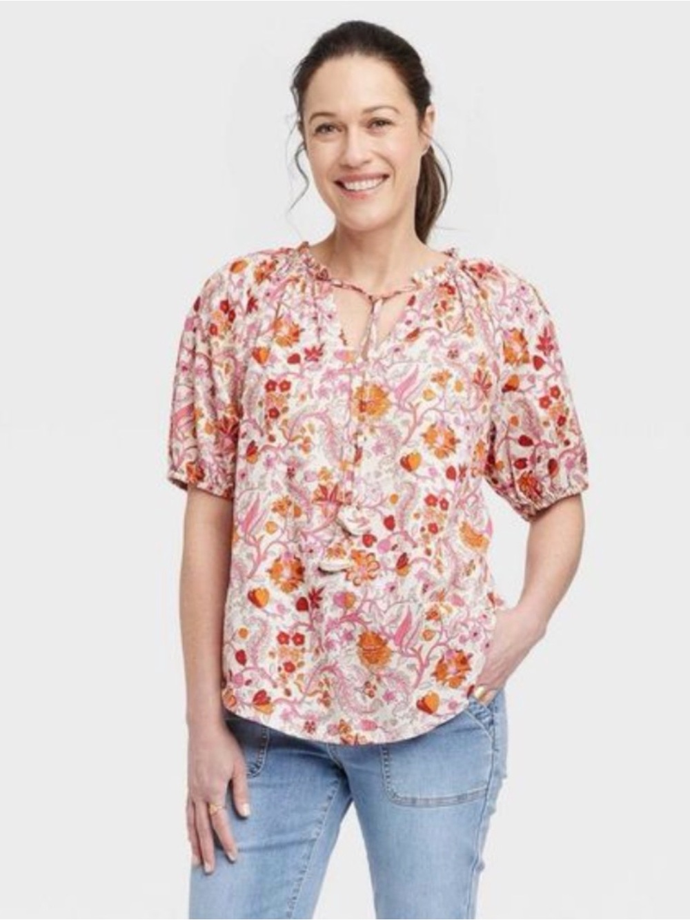 Knox Rose Pink Floral Tie-Neck Puff Sleeve Blouse